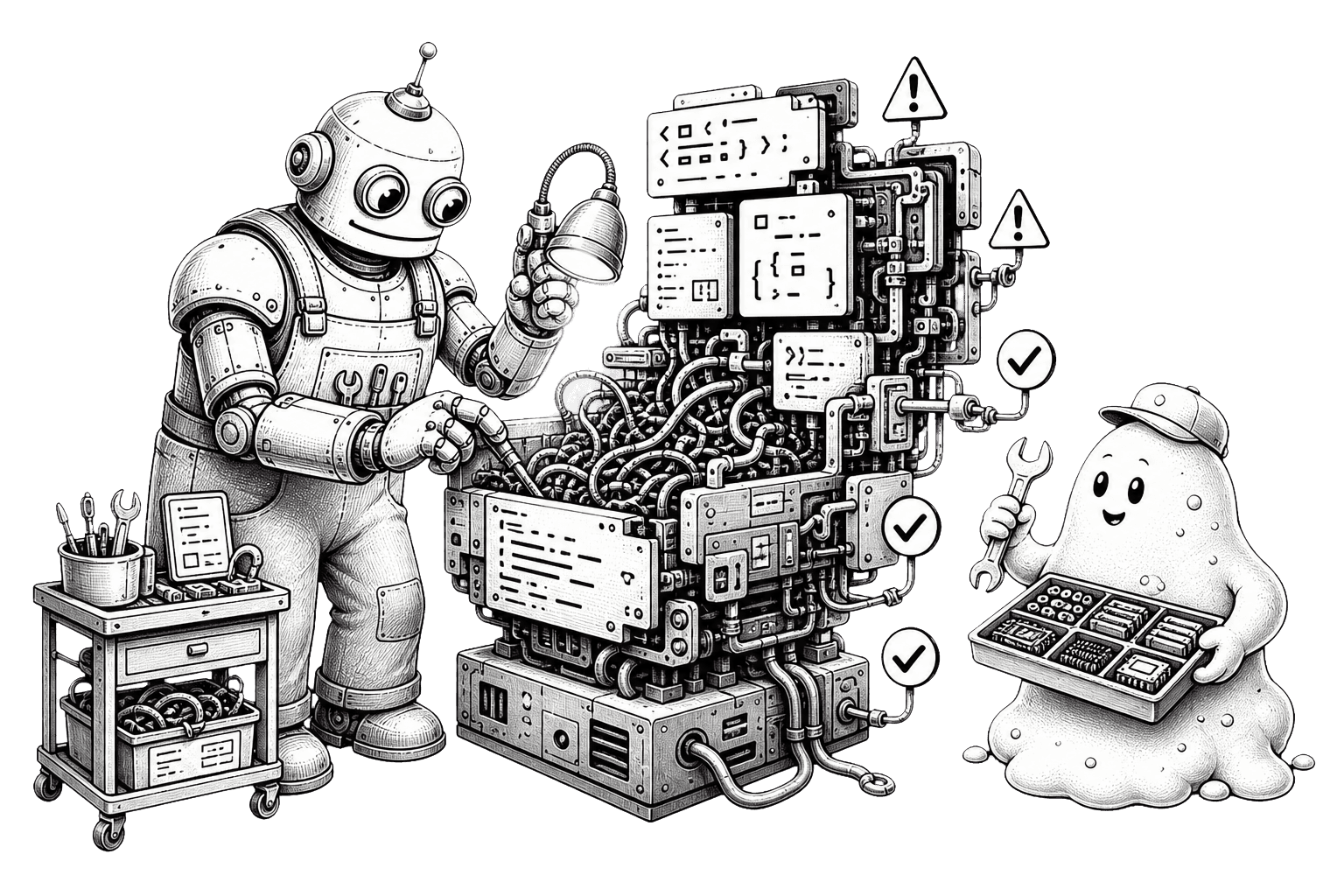 A robot inspecting tangled code and warnings inside a browser window