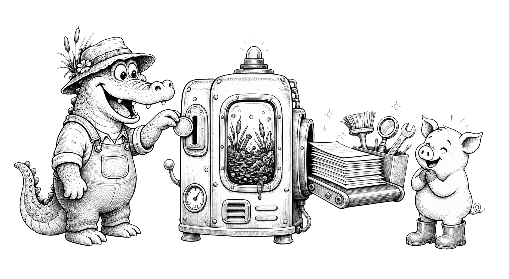 A mascot using a simple coin-operated cleanup machine