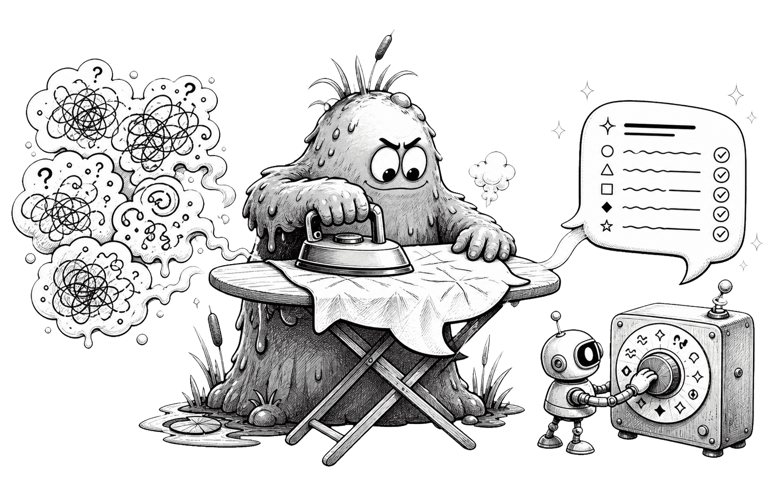 A swamp mascot ironing a tangled prompt into a clear checklist