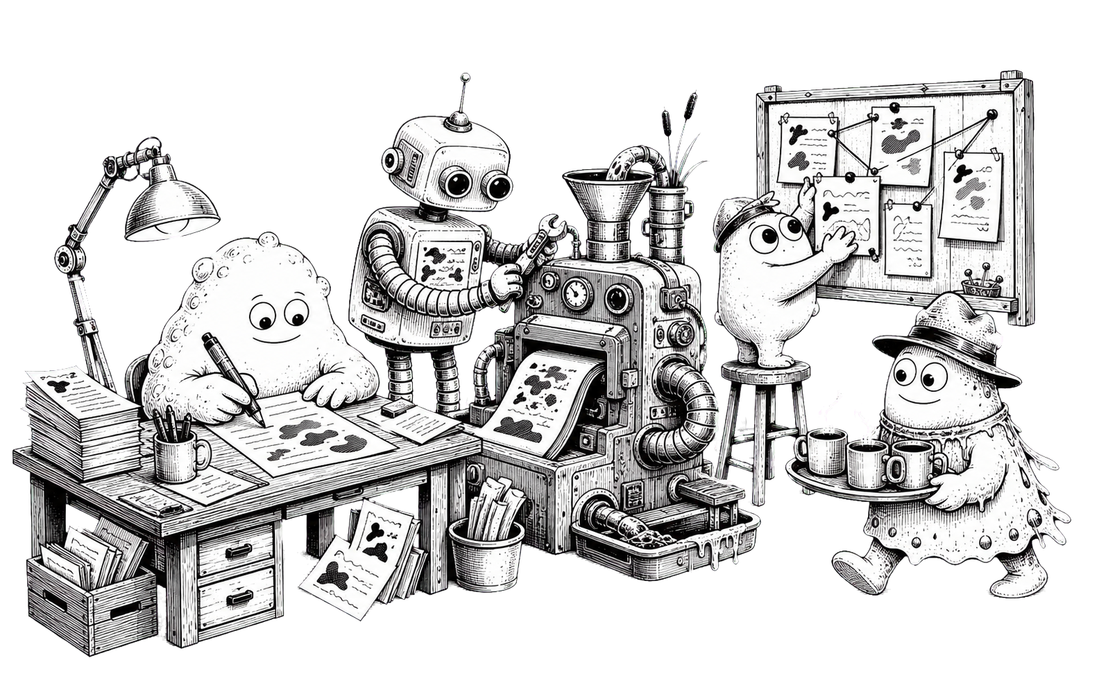 The Slop Swamp team of mascots working in a tiny swamp office