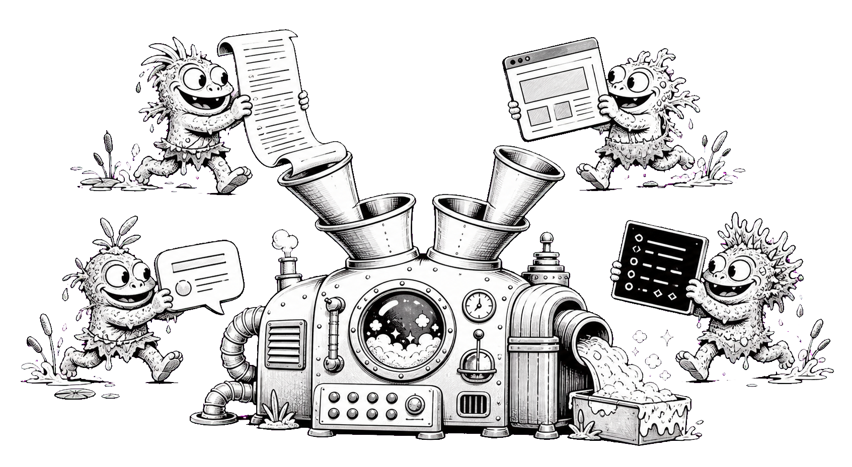 Four swamp mascots carrying different kinds of work into a cleanup machine