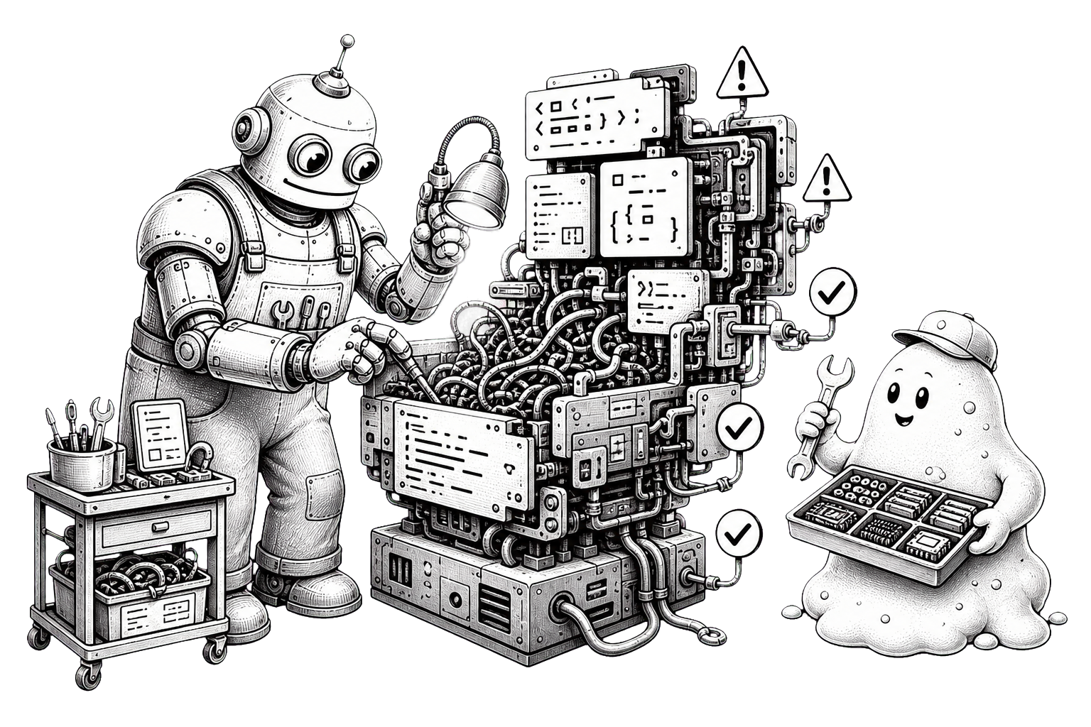 A robot inspecting tangled code and warnings inside a browser window