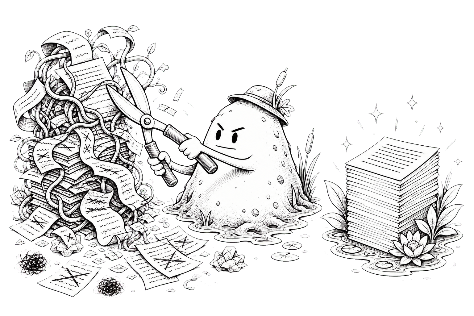 A determined swamp editor pruning tangled pages into a clean document stack