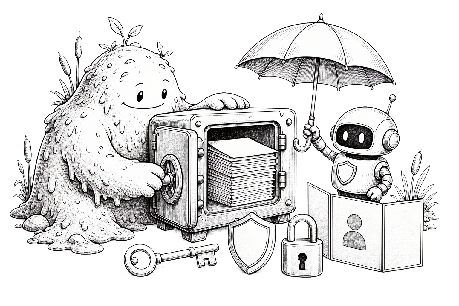 A swamp guardian and robot securing private documents inside a locked vault