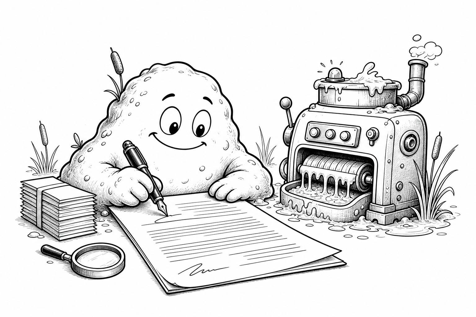 A swamp mascot reviewing a service agreement beside a content-cleaning machine